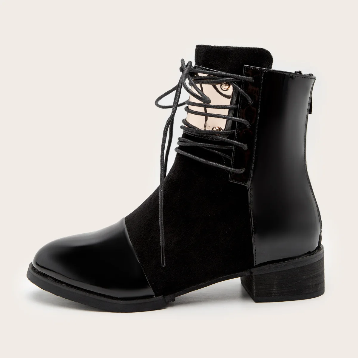 

Factory Sale Retro Ladies Boots Plus Size Solid Color Stitching Square Heel Pointed Cross Strap Back Zipper Women Boots 2020