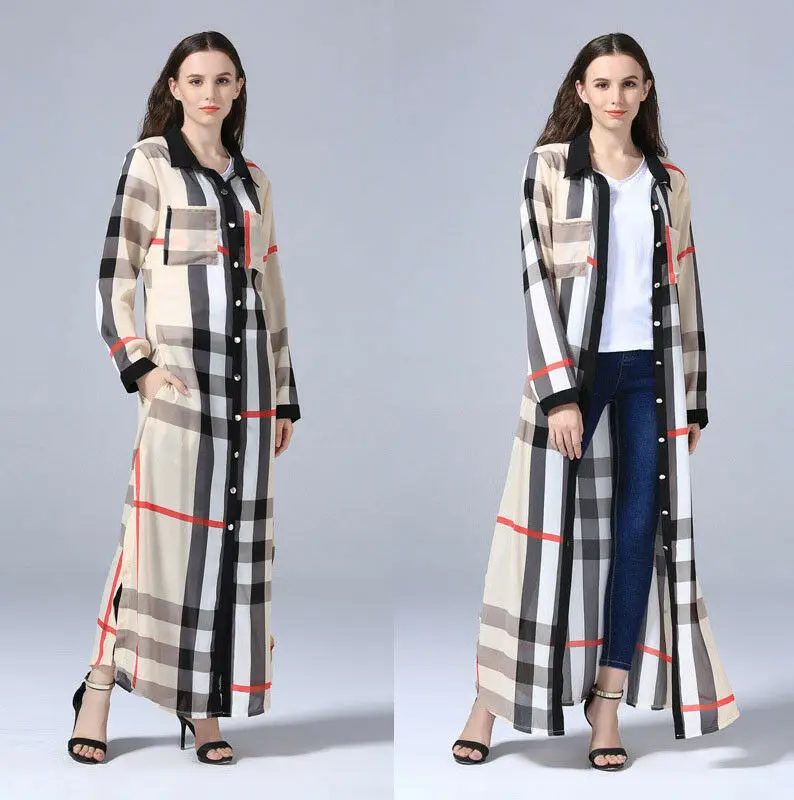 

Womens Turn-Down Collar Long Plaid Muslim Dress Abaya Turkish Caftan UK 10-24