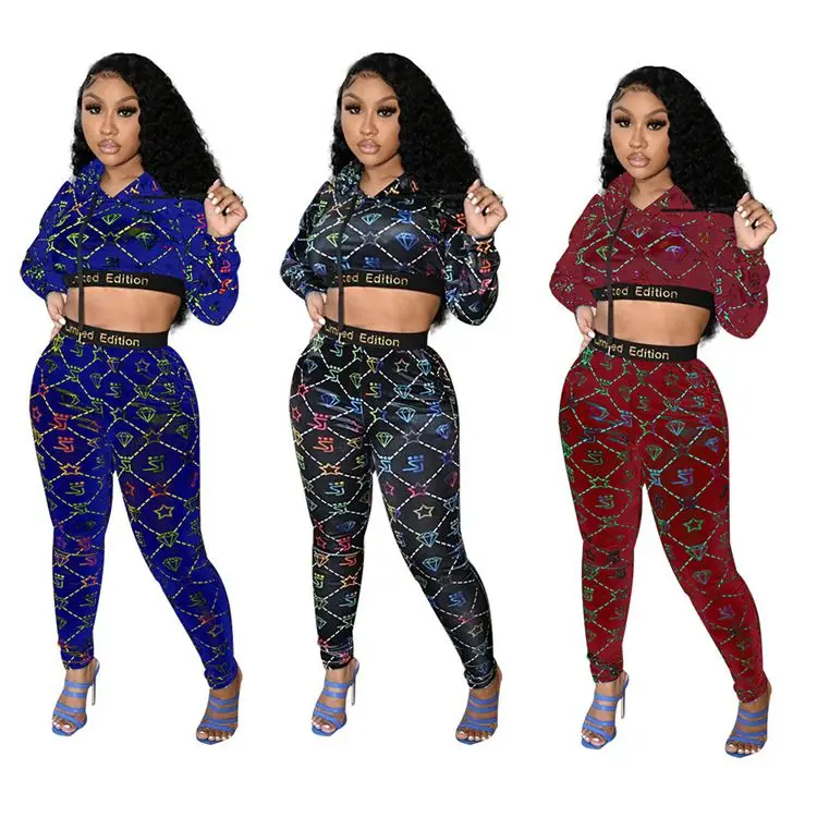 

Cheap Price Hoodie Crop Top With Letter Print 2021 Women Clothes Two Piece Pants Set Women Clothing
