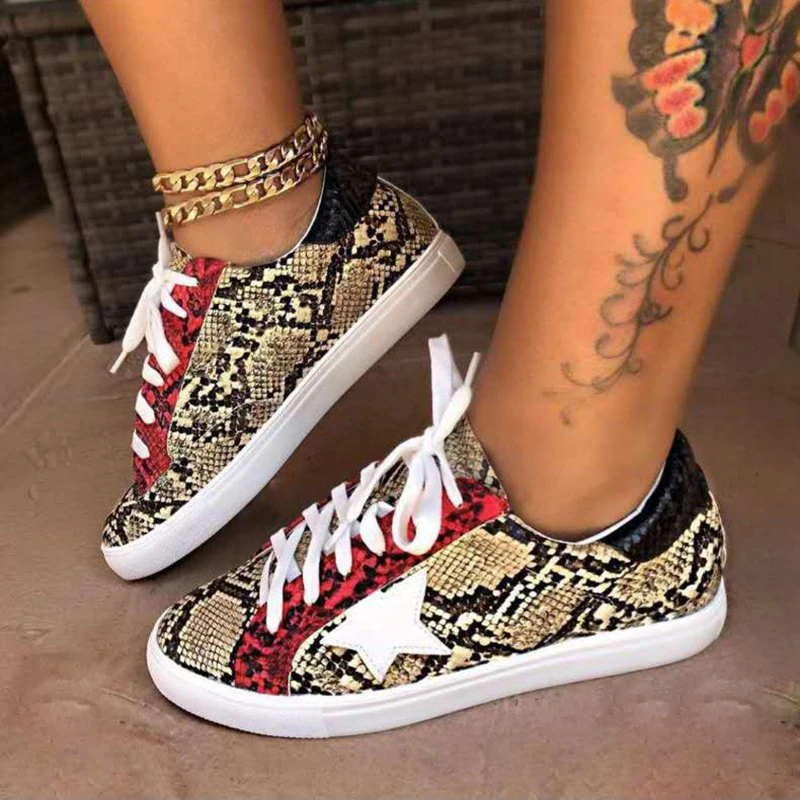 

Causal shoe ladies outdoor snake star sneaker lace up flat shoe patchwork tennis lace up flat sneaker for women 2021, Picture