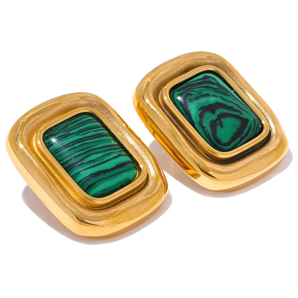 

JINYOU 3019 Fashion Malachite Stone Stainless Steel Square Temperament Stud Earrings 18K Gold Waterproof Charm Jewelry Women