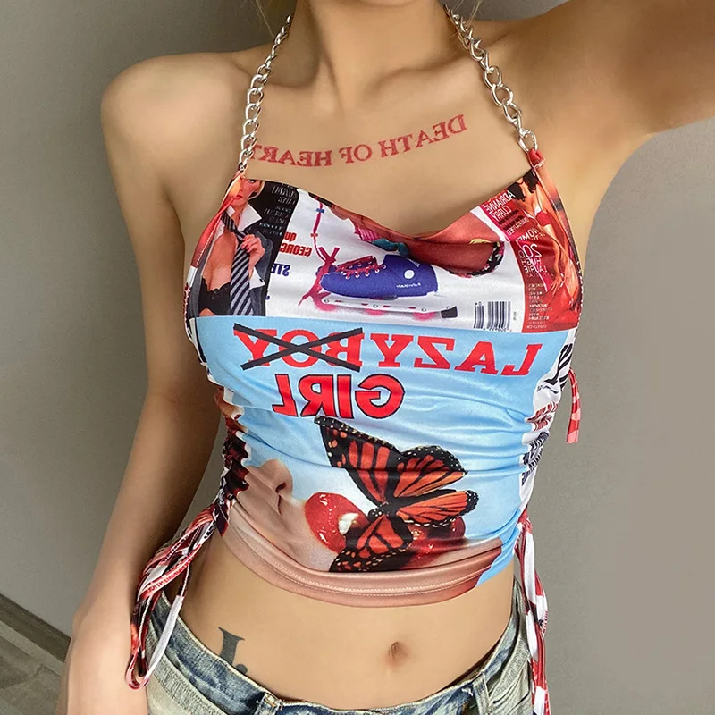 

2021 Sexy Ladies Sleeveless printed Tank Top Low Cut Night Club Wear stacked string Metal Chain Crop Tops