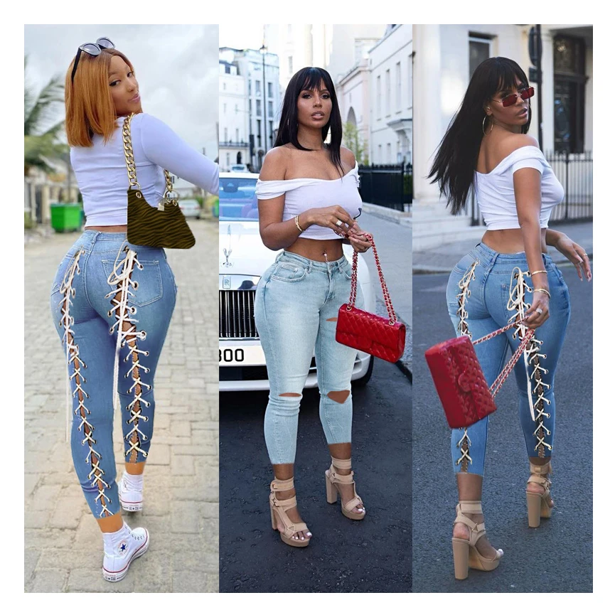 

Summer slim vaqueros de verano para mujer ripped bandage high waist jeans women