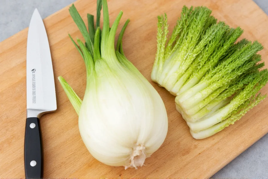 Chef's knife, cutting board, and whole fennel bulb arranged neatly for preparation