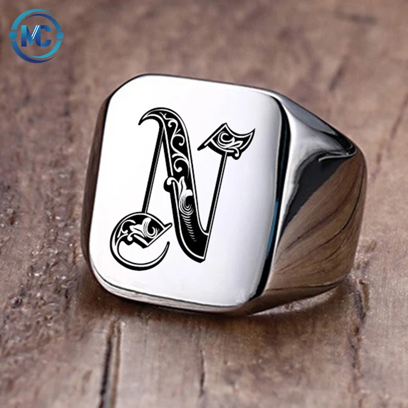 

Retro Initials Signet Ring for Men 18mm Bulky Heavy Stamp Male Band Stainless Steel Letters Custom Jewelry Gift for Him, Silver gold