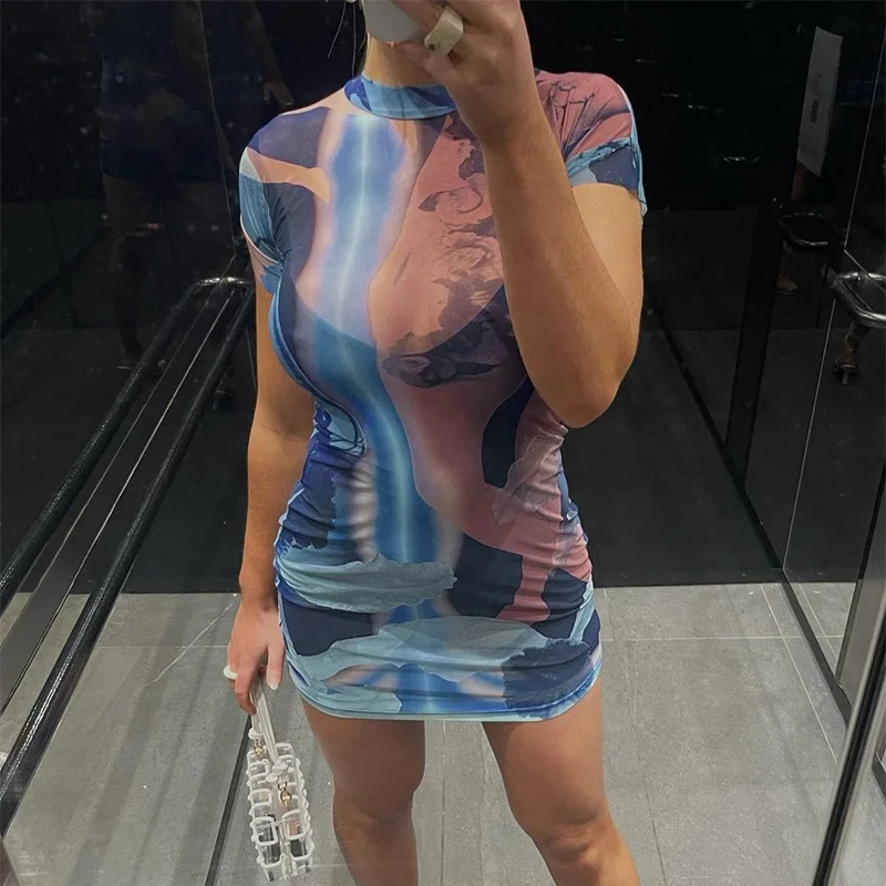 

hot sale women best price blur printing short sleeve mini dress sexy summer dress see through mesh elastic sexy summer dress, Blue