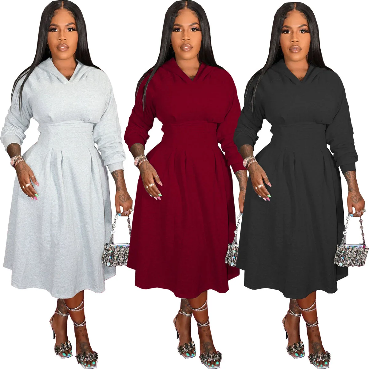 

New 2021 Autumn Oversized Hoodies Dress Fall Dress Solid Color Gray Side Invisible Zipper Tight Waist Long Sleeve Women Dress, Burgundy, gray, black