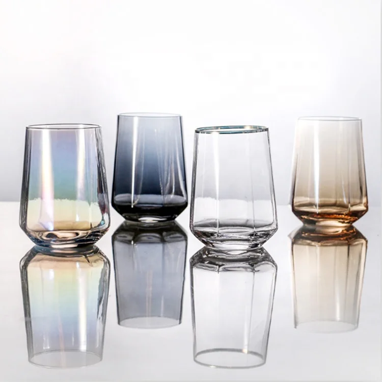 

Different Shaped Electroplated Plating Japanese Stemless Hexagon Whisky Glass, Clear with gold decal support oem odm service