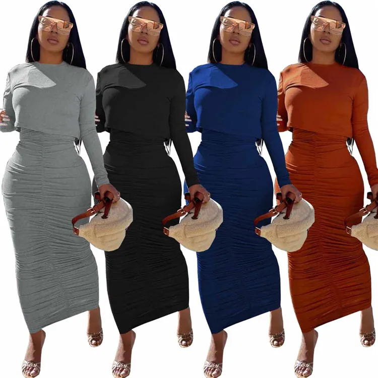 

2021 Casual Ladies Long Sleeve Outfits Skinny Pleated Clothing Fall Women Two Piece Skirt Set, Picture
