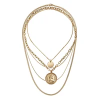 

Jiushang alloy metal vintage style gold coin pendant layered necklace for women