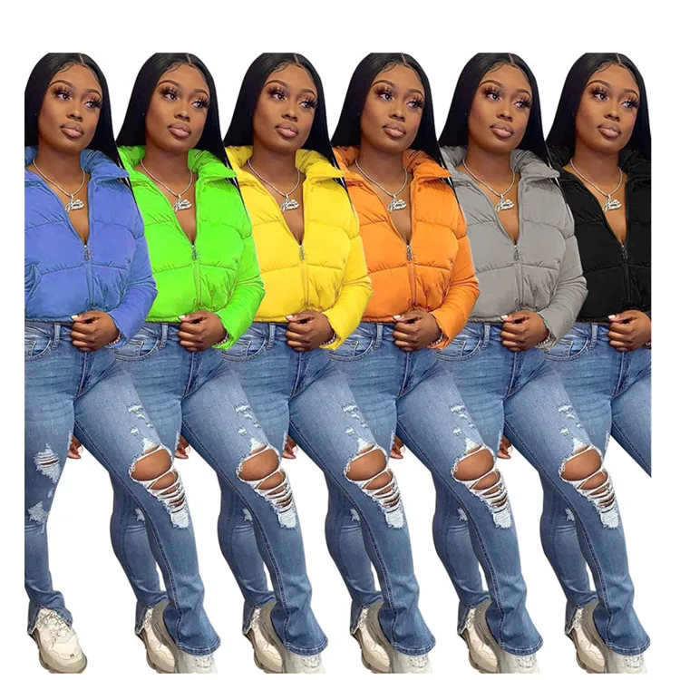 

Custom Logo Crop Puffer Jacket for Women Winter Clothes Warm Parka Fashion Short Outwear Long Sleeve Zip Thick Down Bubble Coats, As picture