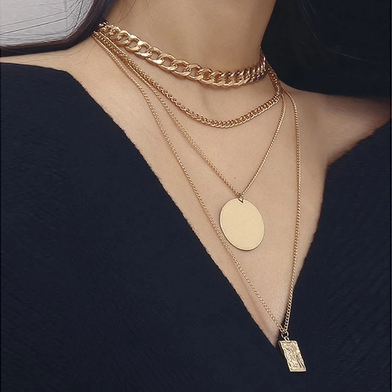 

Golden Layered Necklace Vintage Geometric Pendant Necklace for Women