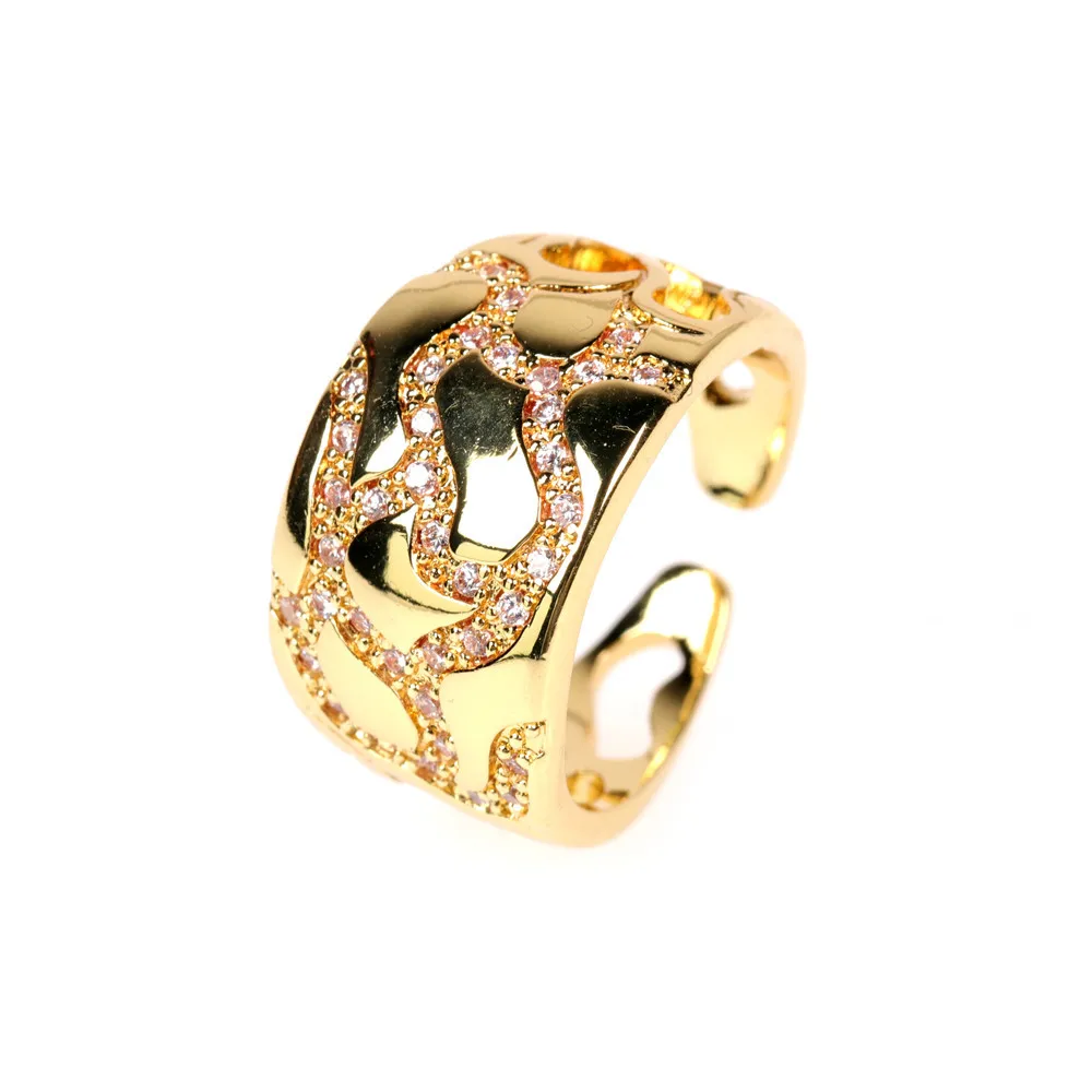 

2021 Newest European Irregular Zirconia Camouflage Shape Opening Ring Wide 18k Gold Plated CZ Finger Ring