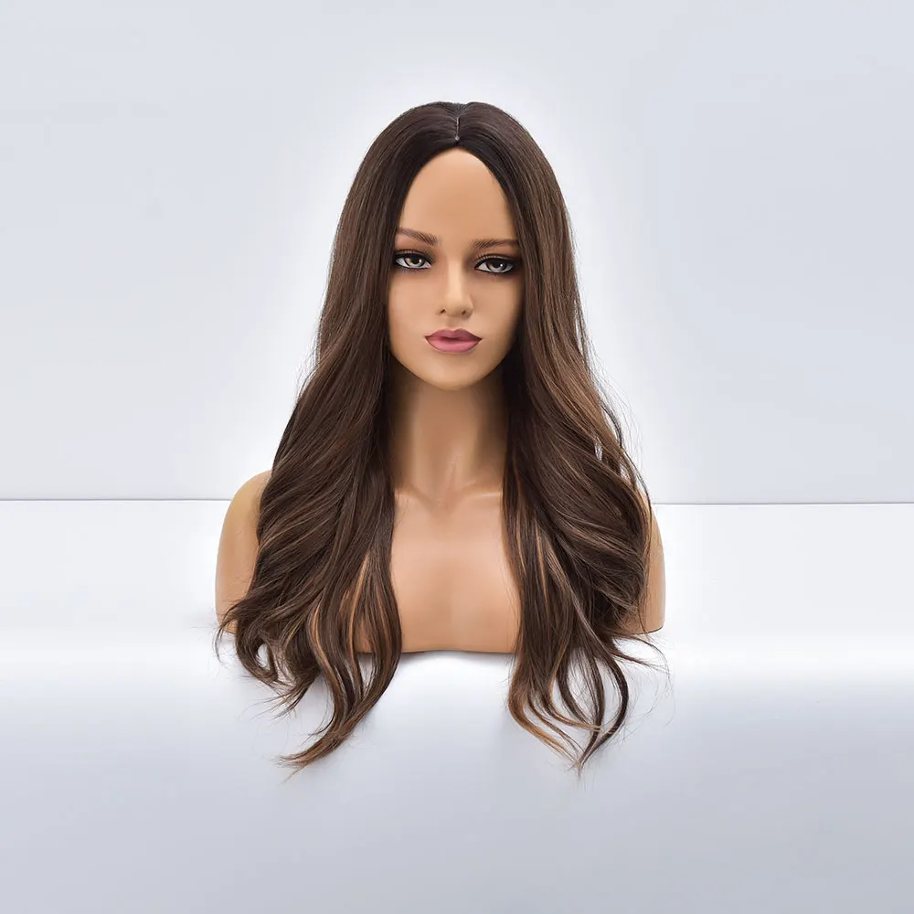

Hot Sale ladies long curly hair big waves wigs brown yellow chemical fiber wigs