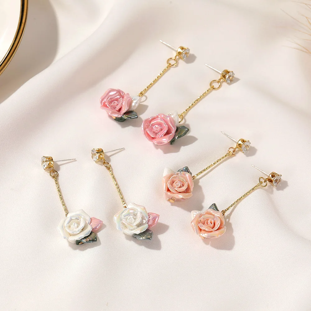 

E-051 Wholesale New French Rose Vintage Earrings Women Long Petal Drop Tenderness Earrings Charms, Picture shows