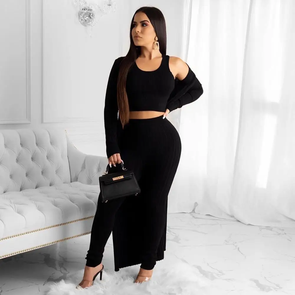 

three piece set with cover sexy vest solid high waist bodycon tight women pants set FM-HG5306