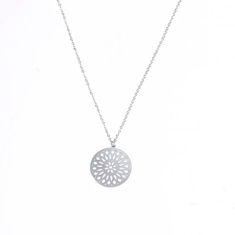 

Fashion Design Polished Stainless Steel Hollow Daisy Flower Circle Pendant Necklace For Girls