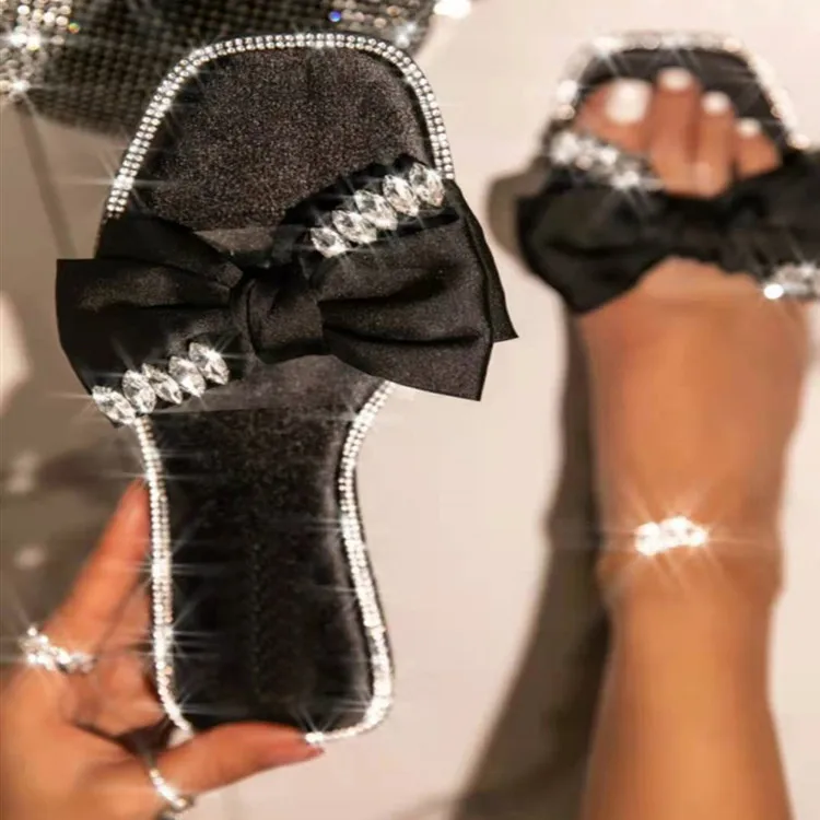 

Ladies elegant 2021 designer rhinestone flat slippers mule jelly velvet bow sandals rhinestone diamond bling sandals for women, Picture