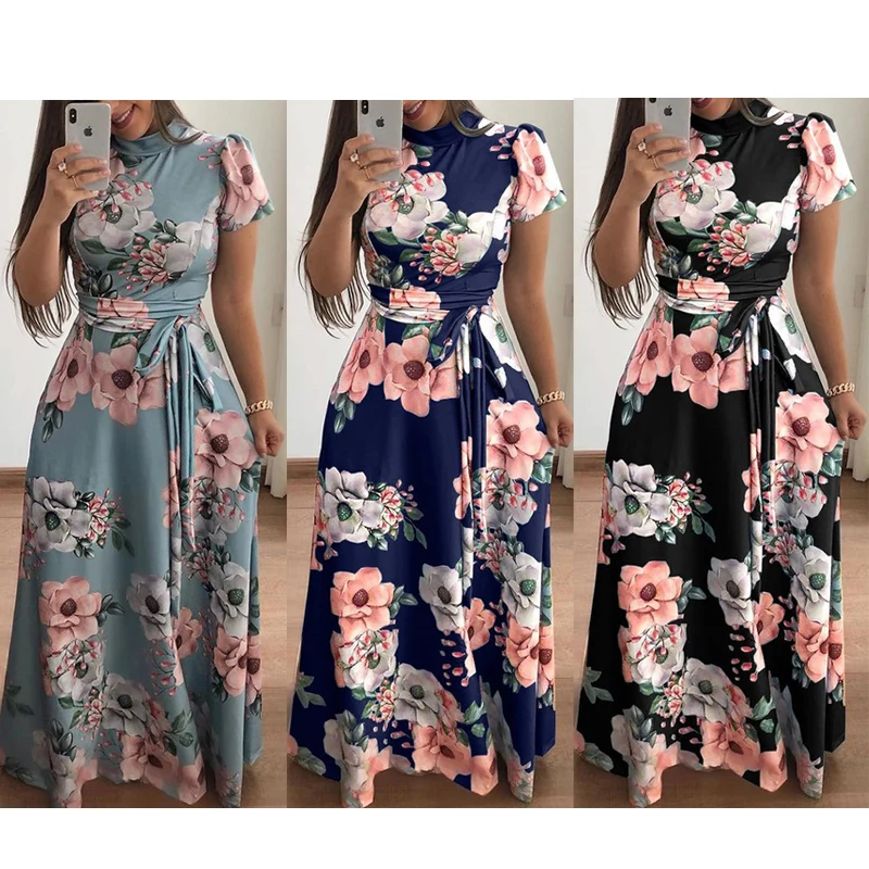 

Women Clothing Manufacturer Summer Floral Print Short Sleeve Long Maxi Dress Women Turtleneck Plus Size Casual Dresses, Shown,or customized color,provide color swatches