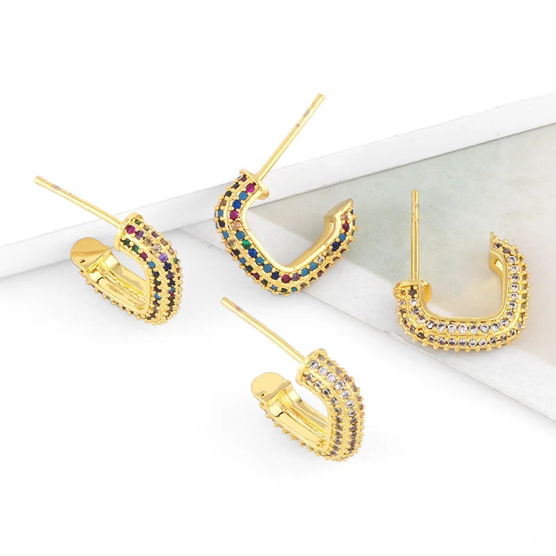 

Micro-inlaid colorful diamond C-shaped earrings European and American high-end geometric earrings for women, As pics