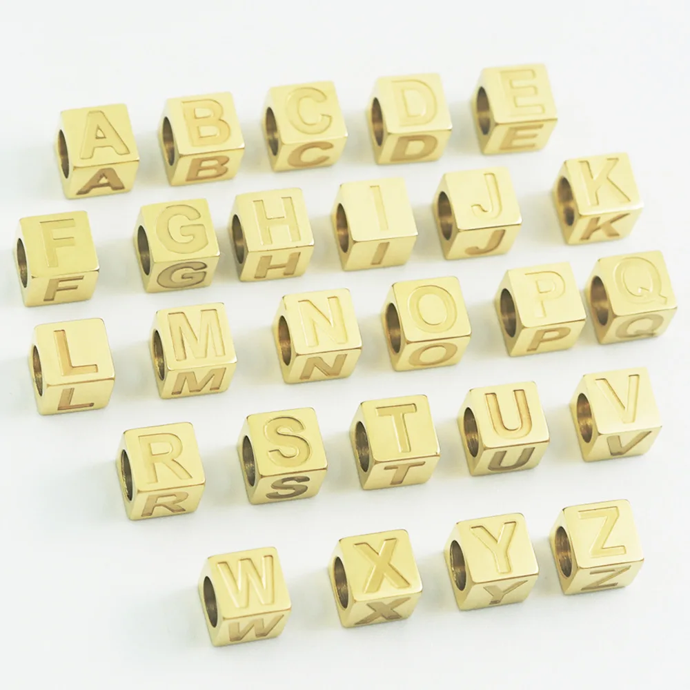 

Charm Pendant 7x7MM Cube Square GOLD/SILVER Capital Letter Alphabet Engraved Stainless Steel Beads Jewelry Making Accessories