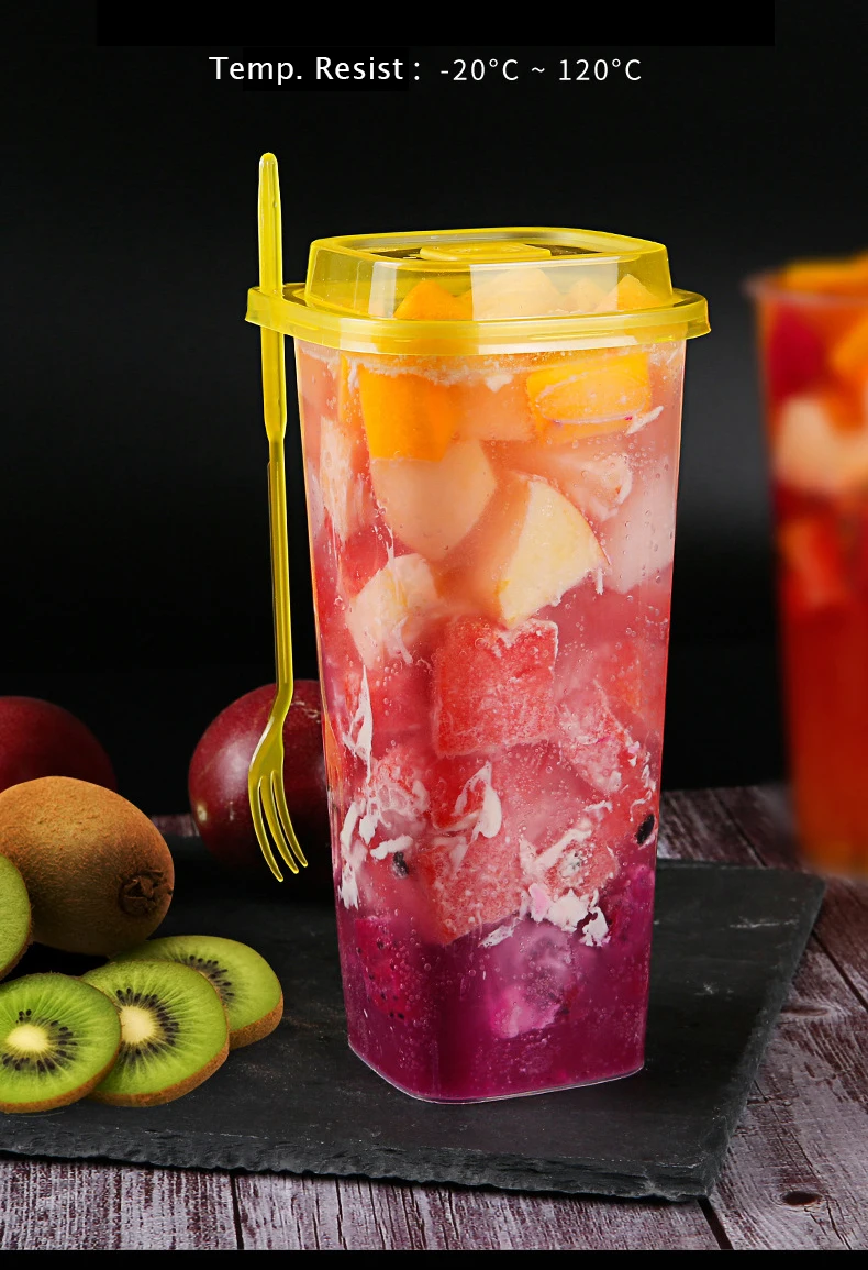 Disposable Fruit Cup Clear Square Plastic Cups With Lid And Fork Buy