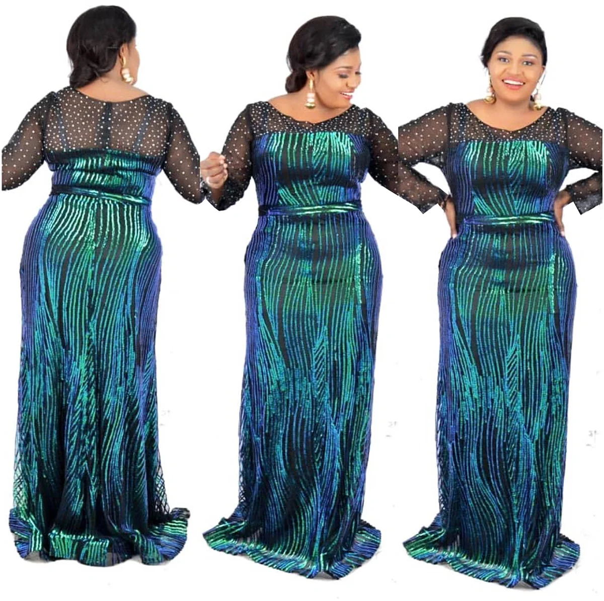 

Slim Long Sequin Women African Dress Beaded Long Sleeves Evening Turkey Gowns Wedding Dresse