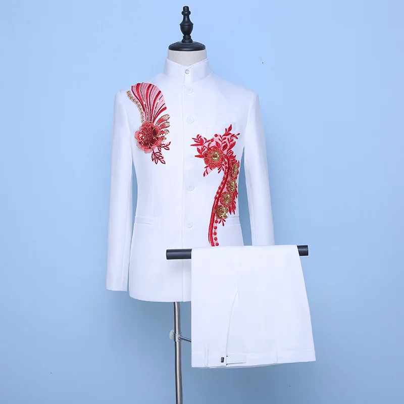 

Wholesale latest design coat pant men suit flower brooch mens suit Chinese suit men, White