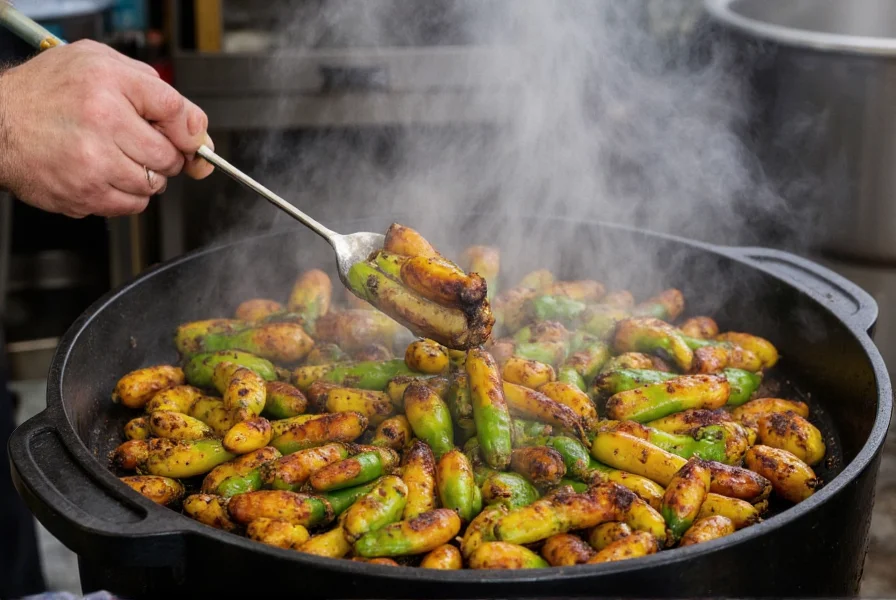 Professional chef roasting fresh Hatch green chile peppers in a rotating drum roaster, with steam rising and blistered skins visible