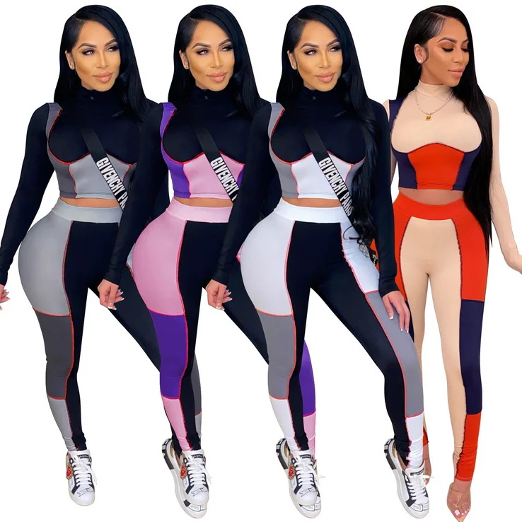 

Contrast Color Sport Crop Top Two Piece Legging Workout Set, Gray, pink, white, orange