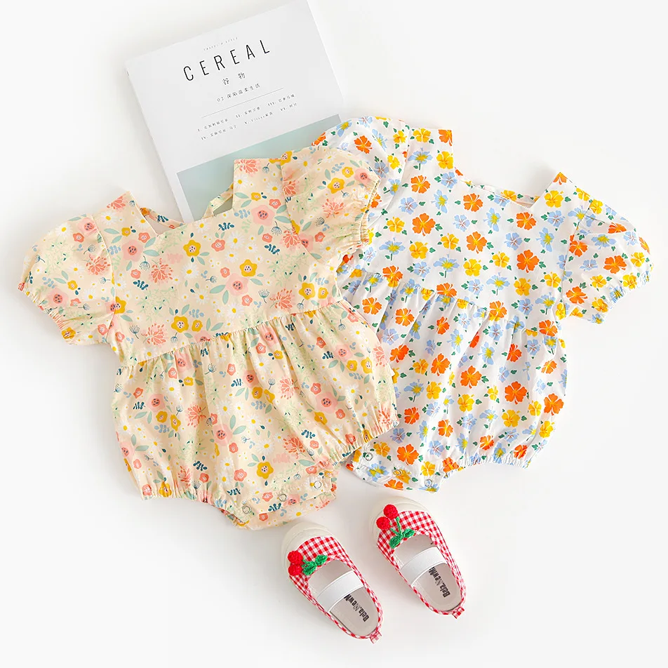 

rts 0-2 years old 2020 summer new female baby retro floral backless newborn one-piece baby thin romper