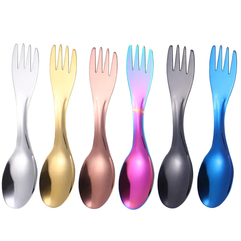 

2 in 1 Outdoor Camping Portable stainless steel spoon kids salad gold spoons and fork Spork for dessert, Silver/gold/rose gold/black/rainbow