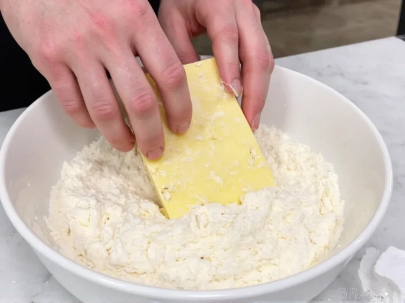 Hands grating frozen butter into flour for biscuit recipe