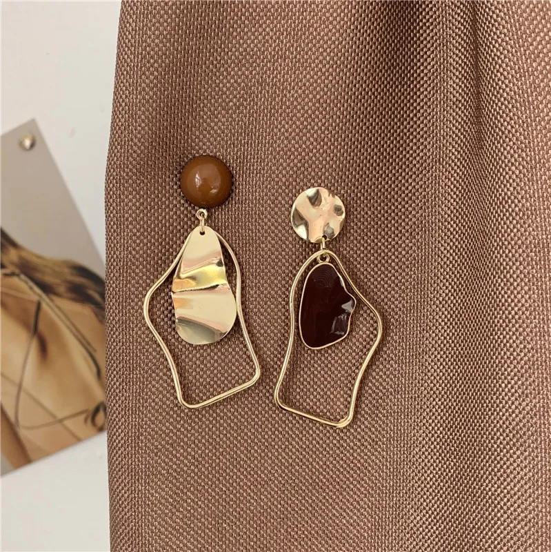 

JUHU S925 silver needle Korean temperament retro earrings geometric irregular dripping asymmetric simple earrings girl, Gold