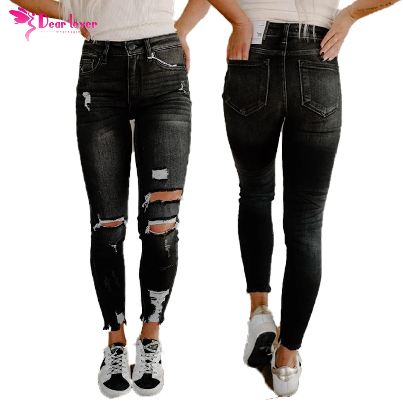 

Custom Black High Rise Women Jeans Slim Denim Distressed Skinny Jeans