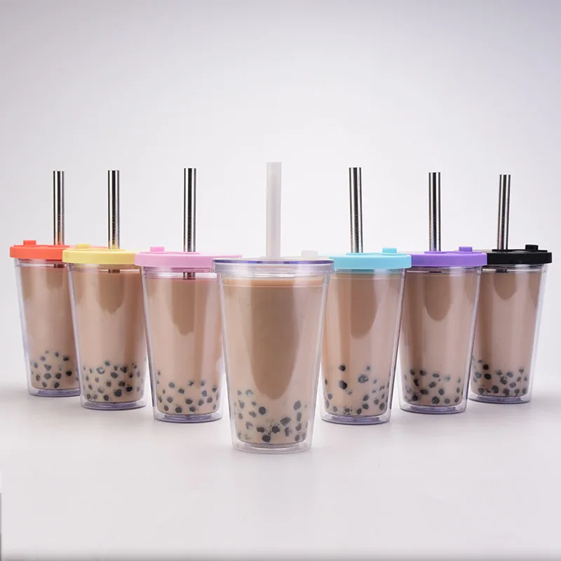 

hot sale Custom Gifts 16oz Double Wall Insulated Milk Tea 12mm Straws Plastic Tumbler Reusable Tea Cups With Lids