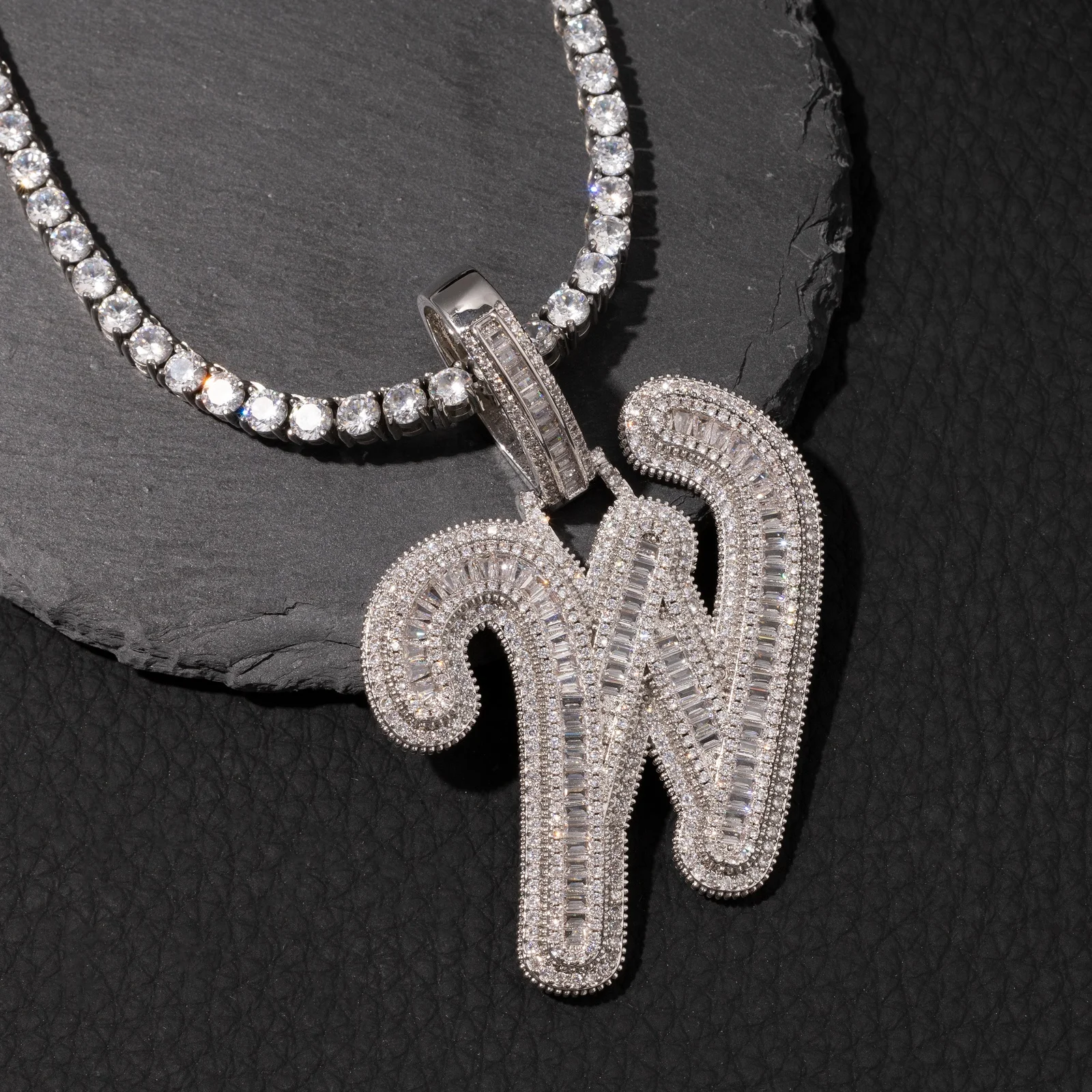 Top Icy Big Initials Cursive Letter Pendant Necklace Gold Color Baguette Letter Jewelry Gift A-Z