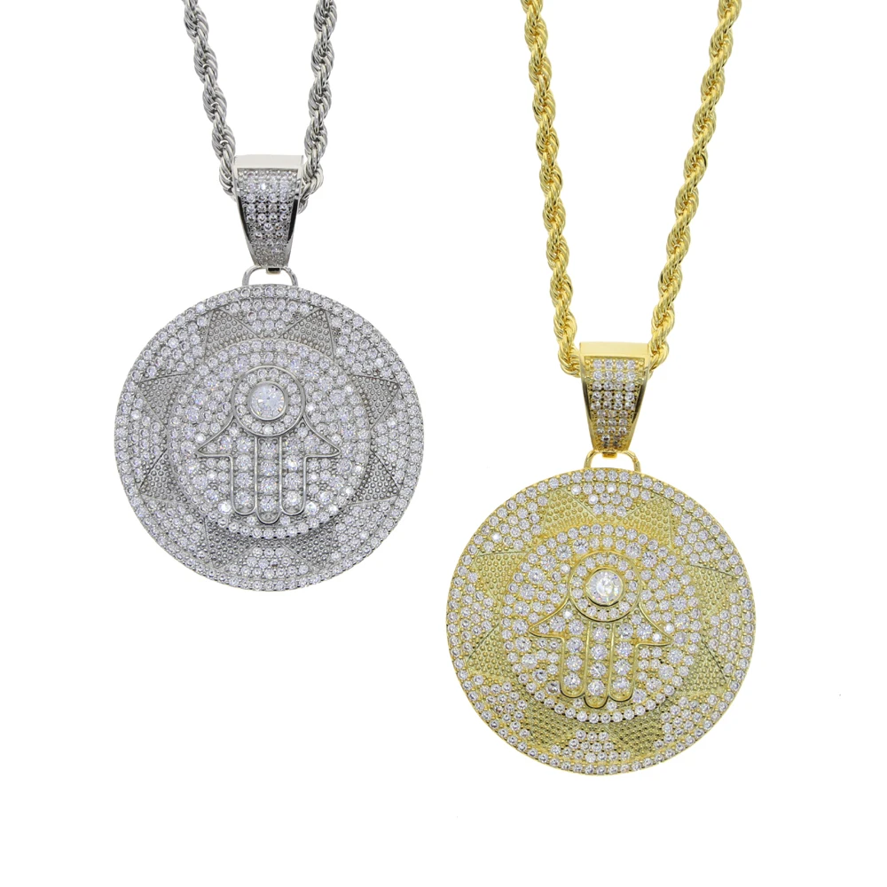 

hamsa hand round pendant necklace for women micro pave cz  size rope chain bling full diamond choker jewelry
