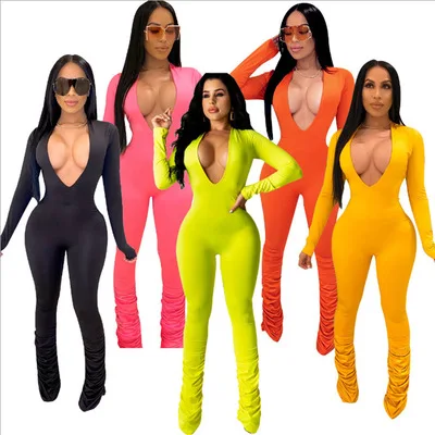 

2021 Wholesale Fall Clothing ladies Trendy Bodycon Long Sleeve v-neck Plus Size One Piece Jumpsuits Women Stacked pants