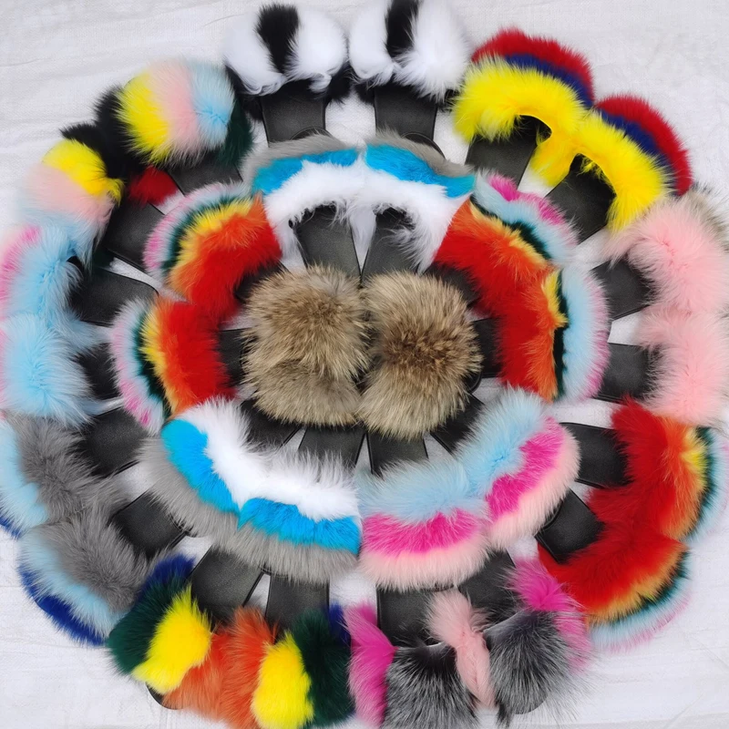 

Fashion Fur slippers for toddlers and women fox fur slippers real slippers women soft real fox fur slides, Customized color