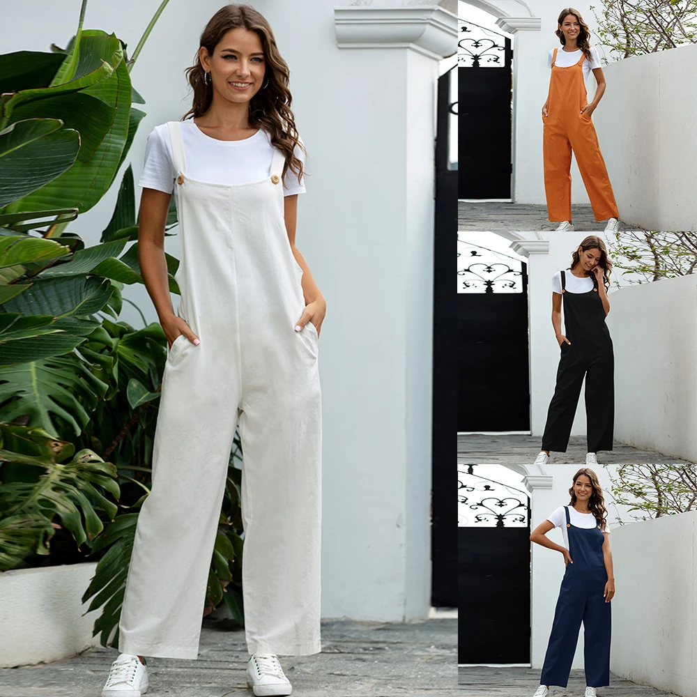 

WINGTUMARKET solid ladies overalls casual loose summer suspender women one piece jumpsuits, Solid color