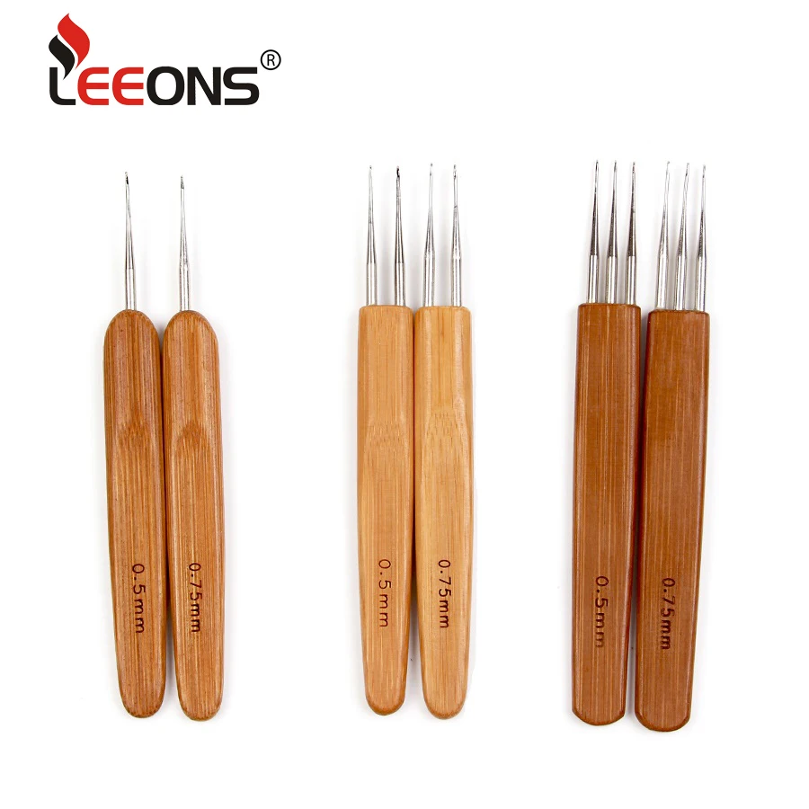 

Leeons 0.5mm 0.75mm Stainless Steel Bamboo Wood Crochet Hook Needle For Hair