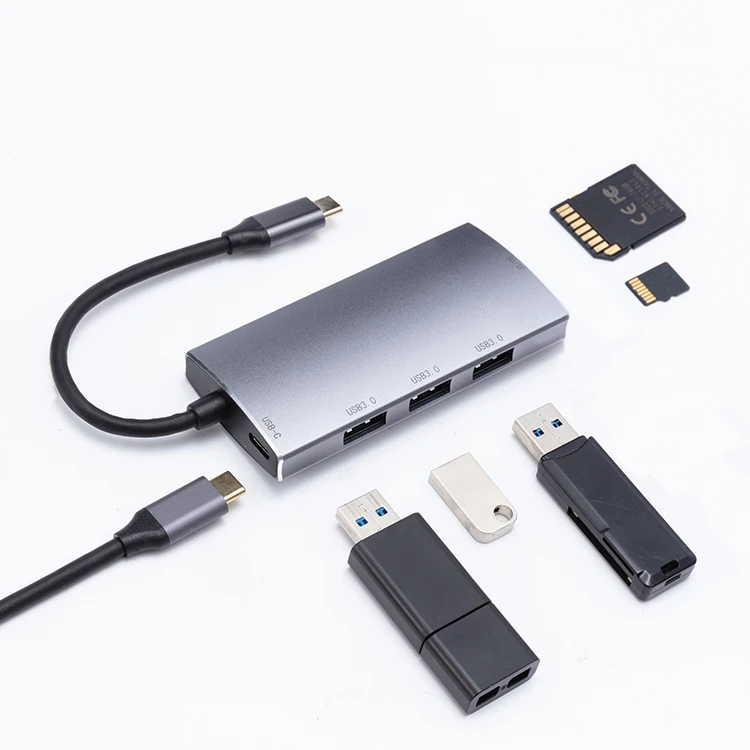 

New Design Multiport type c hub, 6 In 1 PD Charging 3*USB 3.0 TF SD Card Usb Hub, Gray