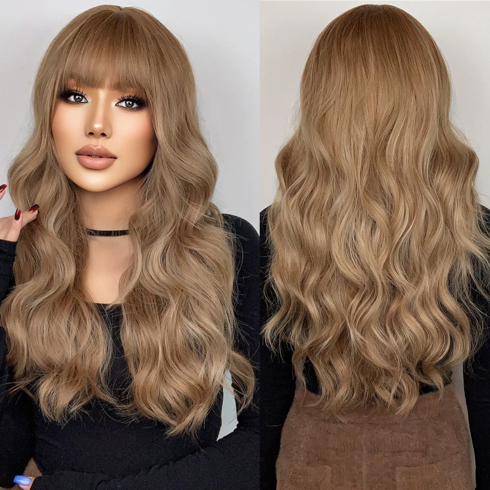 Wigs Wholesale Light Brown Body Wave Synthetic Wigs with Bangs Long Brown Natural Wavy Wig for Women Daily Use High Quality