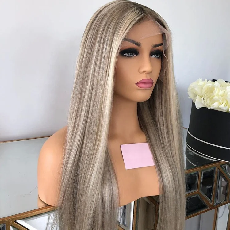 

Ash Blonde Highlight #60 Color Long Straight European Cuticle Aligned Hair Transparent HD Lace Front Wigs