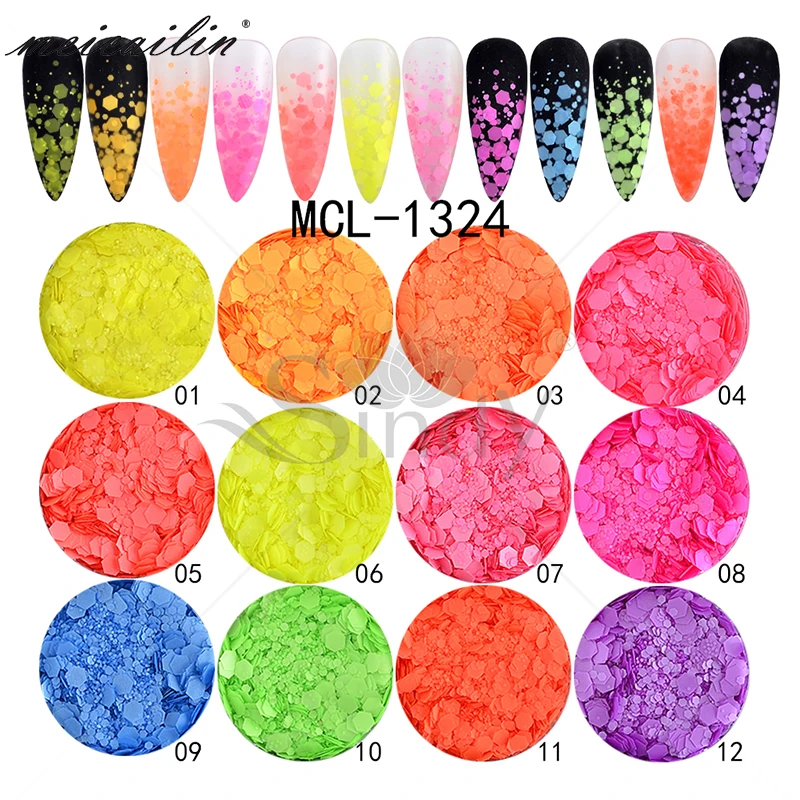 

Amazon hot selling neon hexagon nail sequins neon nail art for nail art supplies, 12colors