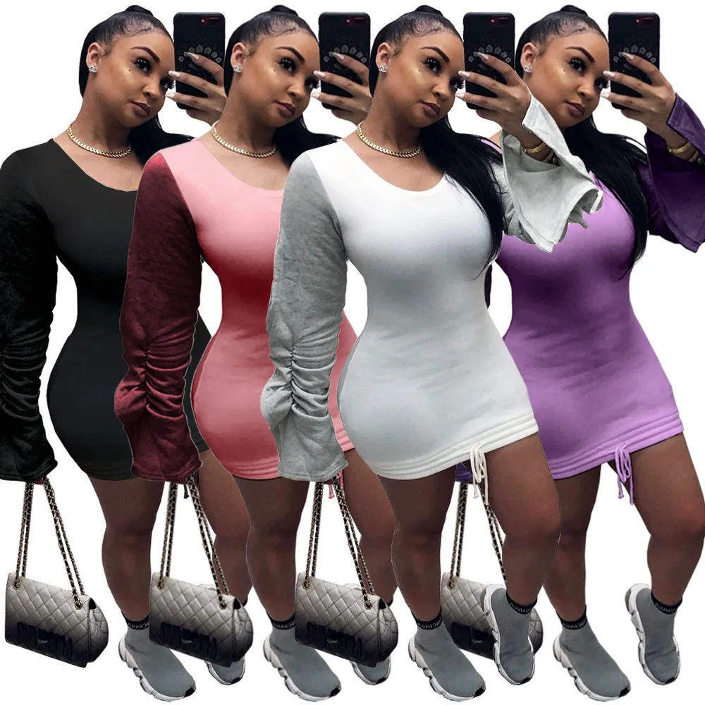 

2020 Fashion Winter Long Dresses Fungus sleeve contrast color stitching drawstring Plus Size Fall Clothing For Women