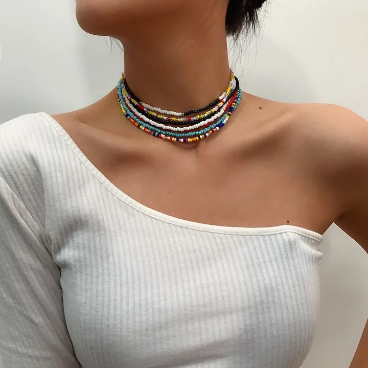 

Boho ethnic Colorful choker necklace Adjustable layered small bead necklace, Color
