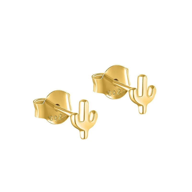 

925 Sterling Silver Gold plated Cactus Stud Earrings Trident silver jewelry