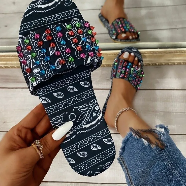 

Plus Size Slippers Women 2021 Ladies Summer New Colorful Rhinestone Print Casual PU Flat Bottom Sandals Femmes